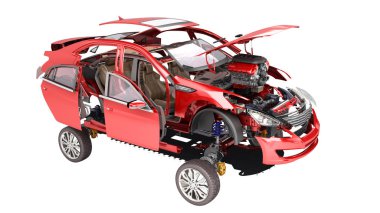 Oto tamir modern kavram çalışması bir beyaz arka plan 3d render kırmızı araba ayrıntılarını gölge yok