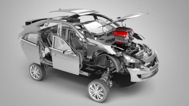 Oto tamir modern kavramını iş kırmızı araba ayrıntılarını bir gri arka plan 3d render