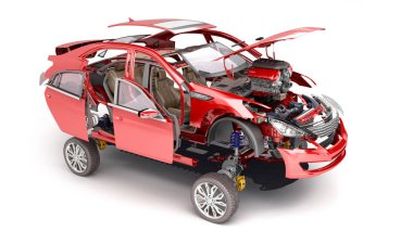 Oto tamir modern kavramını iş kırmızı araba ayrıntılarını bir beyaz arka plan 3d render