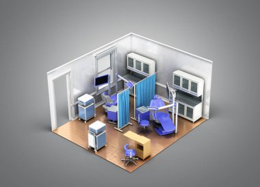İzometrik dişçi office gri arka plan üzerinde mavi 3d render