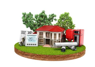 enerji tasarruflu ev beyaz Ahşap kazan piller termostat sıcaklık denetleyicisi 3d render yakınındaki arazi parçası üzerinde hiçbir gölge kavramı