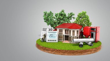 enerji Grey Ahşap kazan piller termostat sıcaklık denetleyicisi 3d render yakınındaki arazi parçası üzerinde ev koruma kavramı