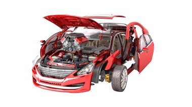 Bir beyaz üzerine kırmızı araba ayrıntılarını hiçbir gölge 3d render arka plan