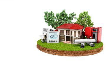 Beyaz ahşap kazan piller termostat sıcaklık denetleyicisi 3d render yakınındaki arazi parçası üzerinde ev tasarruflu kavramı 