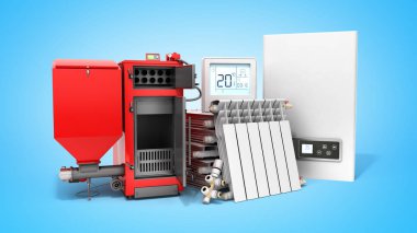modern kavram katı yakıtlı kazan pil elektrik kazan ve termostat 3d render mavi bir arka plan üzerinde tasarruf Isıtma