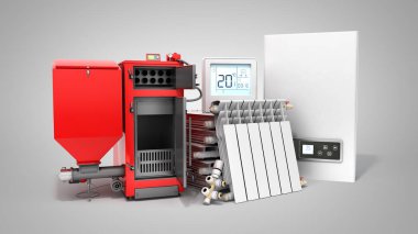 modern kavram katı yakıtlı kazan pil elektrik kazan ve termostat 3d render gri bir arka plan üzerinde tasarruf Isıtma