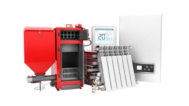 modern kavram katı yakıtlı kazan pil elektrik kazan ve termostat 3d render gölge yok bir whiute arka planda kaydetme Isıtma