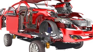 Bir beyaz üzerine kırmızı araba ayrıntılarını 3d render gölge yok arka plan