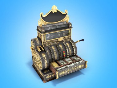 Eski vintage yazar kasa 3d render mavi zemin üzerine