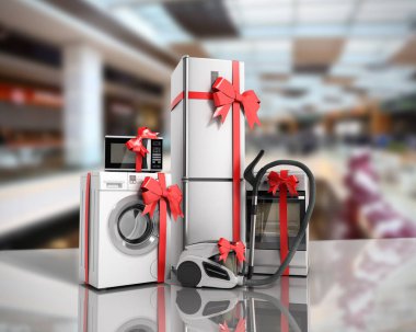 Bir hediye beyaz buzdolabı çamaşır makinesi fırın mikrodalga fırın elektrikli süpürge kırmızı grup olarak beyaz eşya satış arka plan 3d render şerit