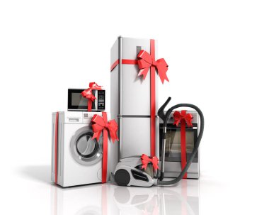 Ev tekniği bir hediye grup beyaz buzdolabı çamaşır makinesi mikrodalga fırın elektrik süpürgesi üzerinde beyaz izole kırmızı şeridi ile soba gibi arka plan 3d