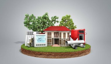 enerji Grey Ahşap kazan piller termostat sıcaklık denetleyicisi 3d render yakınındaki arazi parçası üzerinde ev koruma kavramı