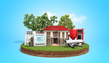 Enerji Mavi Ahşap kazan piller termostat sıcaklık denetleyicisi 3d render yakınındaki arazi parçası üzerinde ev koruma kavramı