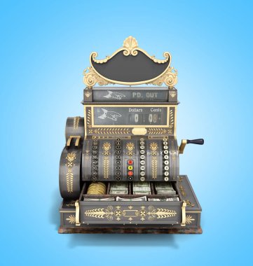 Mavi arka plan üzerine açık eski vintage yazar kasa 3d render