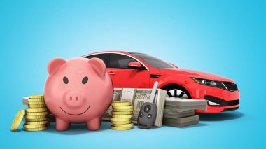 domuz dolar faturaları bir araba para satın almak için tasarruf kavramı mavi araba 3d render yığar