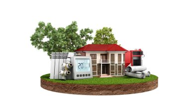 enerji tasarruflu ev beyaz Ahşap kazan piller termostat sıcaklık denetleyicisi 3d render yakınındaki arazi parçası üzerinde hiçbir gölge kavramı