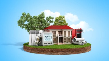 Enerji Mavi Ahşap kazan piller termostat sıcaklık denetleyicisi 3d render yakınındaki arazi parçası üzerinde ev koruma kavramı