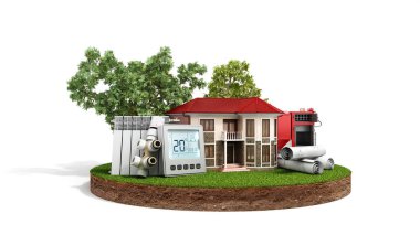 Beyaz ahşap kazan piller termostat sıcaklık denetleyicisi 3d render yakınındaki arazi parçası üzerinde ev tasarruflu kavramı