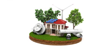 enerji ev güneş panelleri ve rüzgar gülü beyaz üzerine elektrik 3d render metre yakınındaki arazi parçası üzerinde tasarruf kavramı