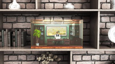 çalışma içinde belgili tanımlık akvaryum office üzerinde sınırlı tercih sosyal dışlanma kavramı 3d render raflar