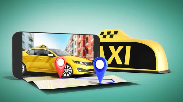Ordering a taxi cab online internet service transportation concept navigation pin pointer with checker pattern and yellow taxi and phone 3d render on green