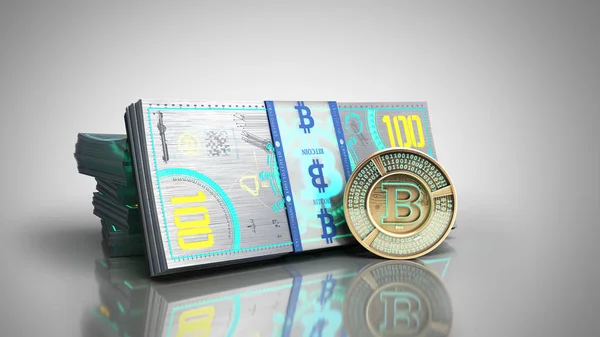 Begreppet Bitcoin Sedel Och Monet Virtuella Pengar Räkningar Render Grå — Stockfoto