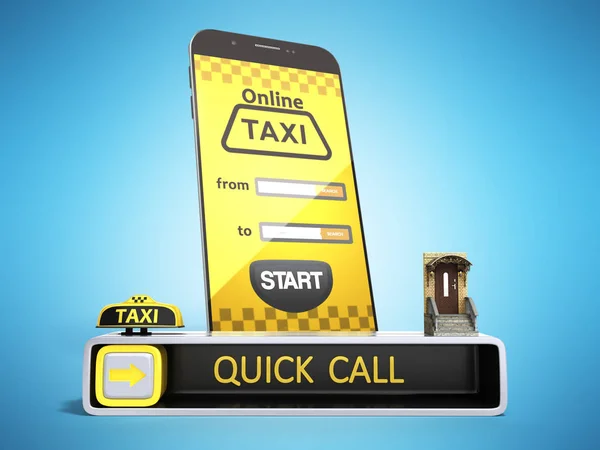 订购的士驾驶室在线互联网服务运输概念导航针指针与检查模式和黄色出租车和电话3D 渲染蓝色 — 图库照片