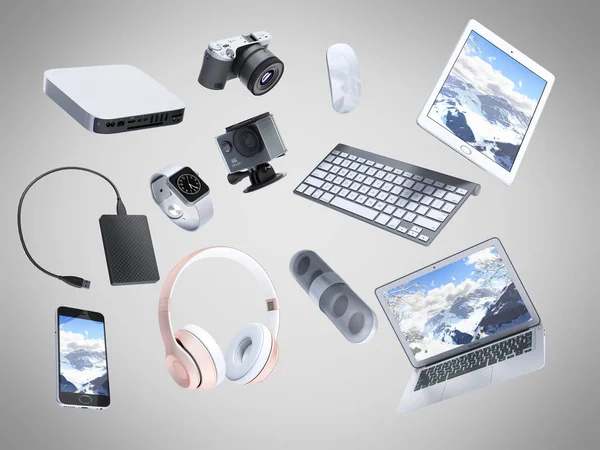 Collection Consumer Electronics Flying Air Render Grey Background — Stock Photo, Image