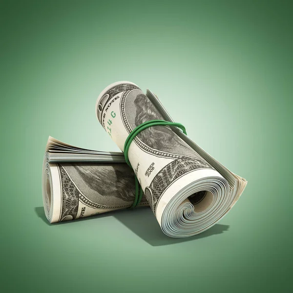 money hundred dollars bill rol colection 3d render on green