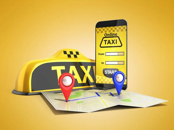 订购的士驾驶室在线互联网服务运输概念导航针指针与检查模式和黄色出租车和电话3D 渲染彩色背景 — 图库照片