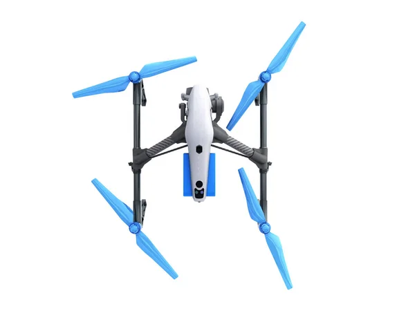 白色无人机 Quadrocopter 与相片照相机飞行在蓝天概念航空影片3D 渲染在白色 — 图库照片