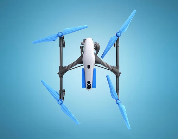 白色无人机 Quadrocopter 与相片照相机在蓝天飞行概念航空影片3D 渲染在蓝色 — 图库照片