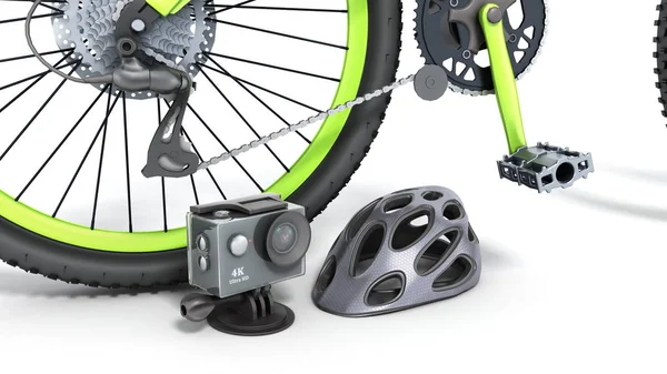 Концепция Экстремальных Видов Спорта Действие Камеры Велосипедный Шлем Велосипед Рендеринг — стоковое фото