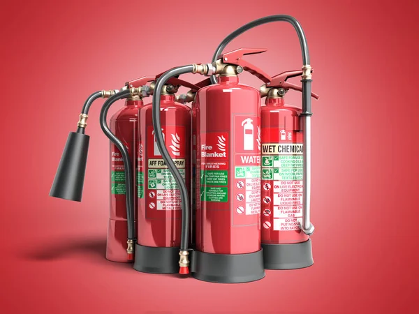 Tűzoltó Készülékek Elszigetelt Piros Háttér Különböző Típusú Tűzoltó Illusztráció — Stock Fotó