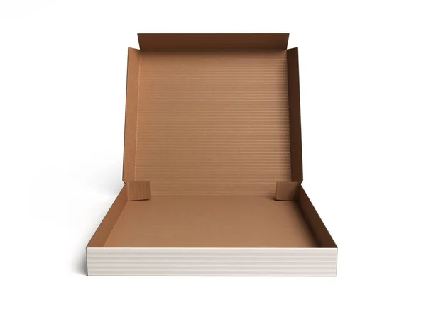 白い背景で開かれたピザ ボックス レンダリングの正面 — ストック写真
