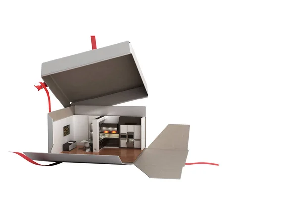 Koncepcja Apartament Jak Wnętrze Kuchni Prezent Otwartym Polu Renderowania Białym — Zdjęcie stockowe