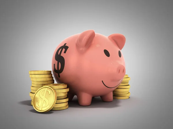 储蓄金钱的概念猪美元硬币3D 渲染灰色 — 图库照片