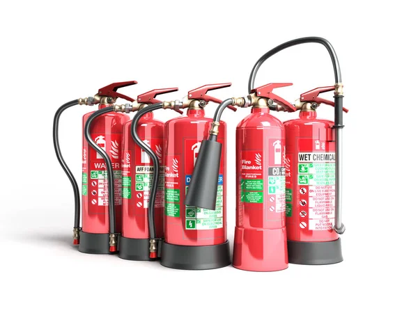 Extintores Incêndio Isolados Sobre Fundo Branco Vários Tipos Extintores Ilustração — Fotografia de Stock