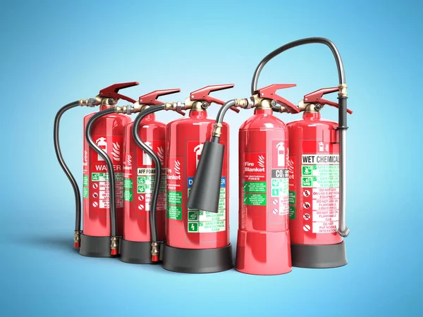 Extintores Incêndio Isolados Sobre Fundo Azul Vários Tipos Extintores Ilustração — Fotografia de Stock