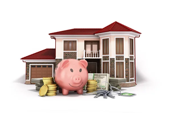 Konzept Der Ersparnisse Ein Haus Geld Schwein Dollar Scheine Stapeln — Stockfoto