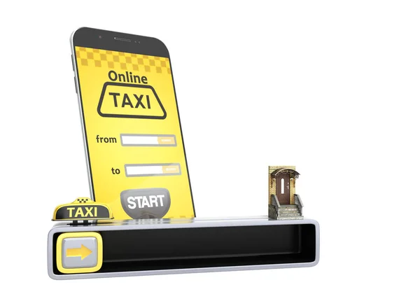 从手机上快速出租车订单的概念3D 渲染白色无阴影 — 图库照片