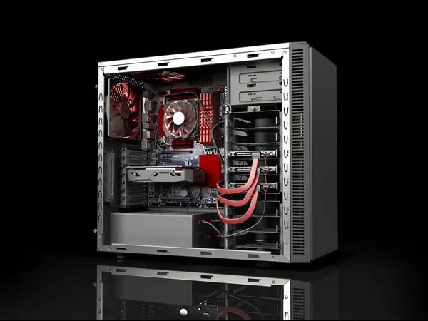 open PC case with internal parts motherboard cooler video card power supply HDD drives 3d render on black