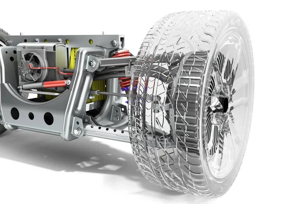 elektrikli otomobil cystem dingil mesafesi elektrikli araç sürücü sistemi ve pil paketi 3d render ile beyaz