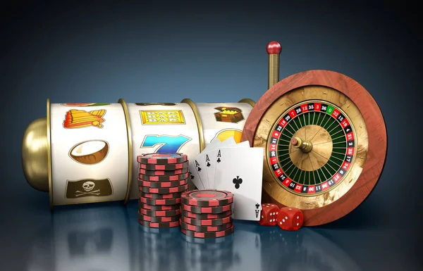 Modernes Konzept Des Casino Logos Roulette Ist Umgeben Von Spielrequisiten — Stockfoto