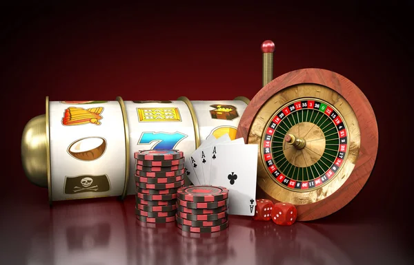 Modernes Konzept Des Casino Logos Roulette Ist Umgeben Von Spielrequisiten — Stockfoto