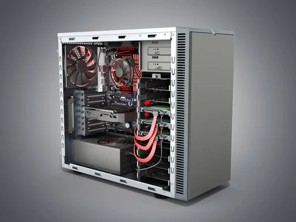 open PC case with internal parts motherboard cooler video card power supply HDD drives 3d render on grey