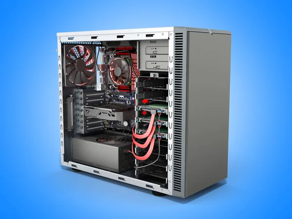 open PC case with internal parts motherboard cooler video card power supply HDD drives 3d render on blue