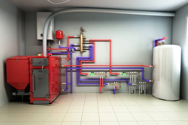 Hot water boiler Boiler room with a heating system 3d render