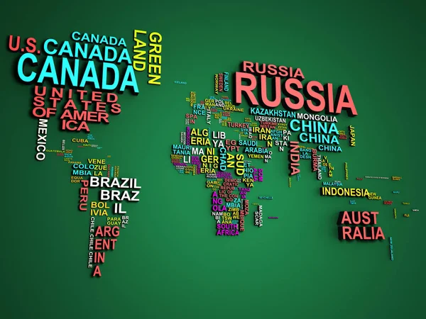 すべての州と緑の名前の イラストレーション世界地図 — ストック写真