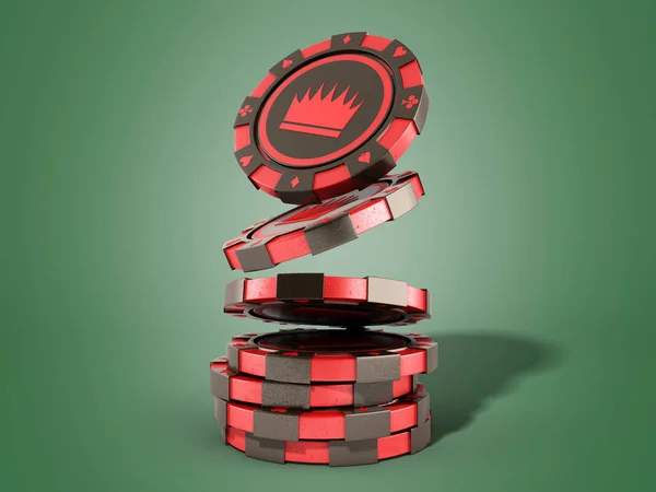Casino Rote Chips Stapeln Sich Auf Grünen Realistischen Renderobjekten — Stockfoto